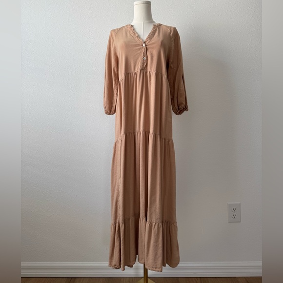 Zara Dresses & Skirts - ZARA Linen Blend Basic Minimalist Size S Neutral Tiered Midi Dress puff sleeve